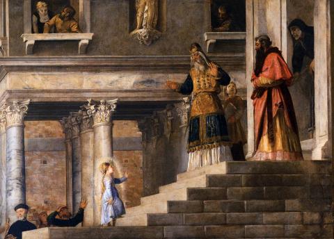 Tiziano:Presentation of the Virgin at the Temple - részlet Mária a lépcsőn